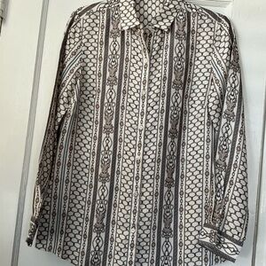 Ladies J McLaughlin Sz XS, high-quality old-money Dressy Blouse. Browns, blues.